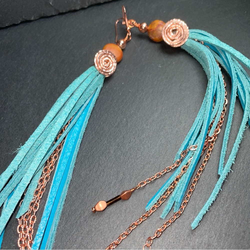 Natural Jasper And Genuine Turquoise Blue Leather Fringe And Copper Artisan - Picture 9 of 14